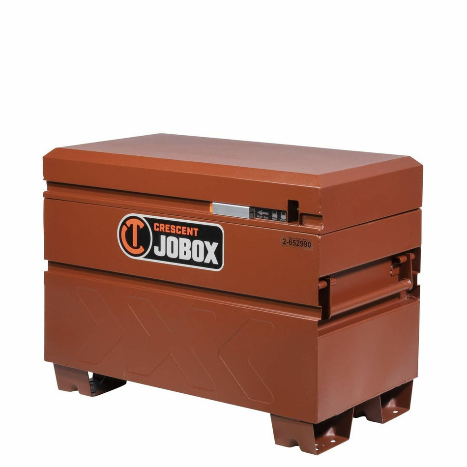 Front view of a closed Crescent JOBOX industrial storage chest in reddish-brown finish. Features secure locking mechanism, reinforced corners, and raised base for forklift compatibility. Model number '2-652990' displayed.