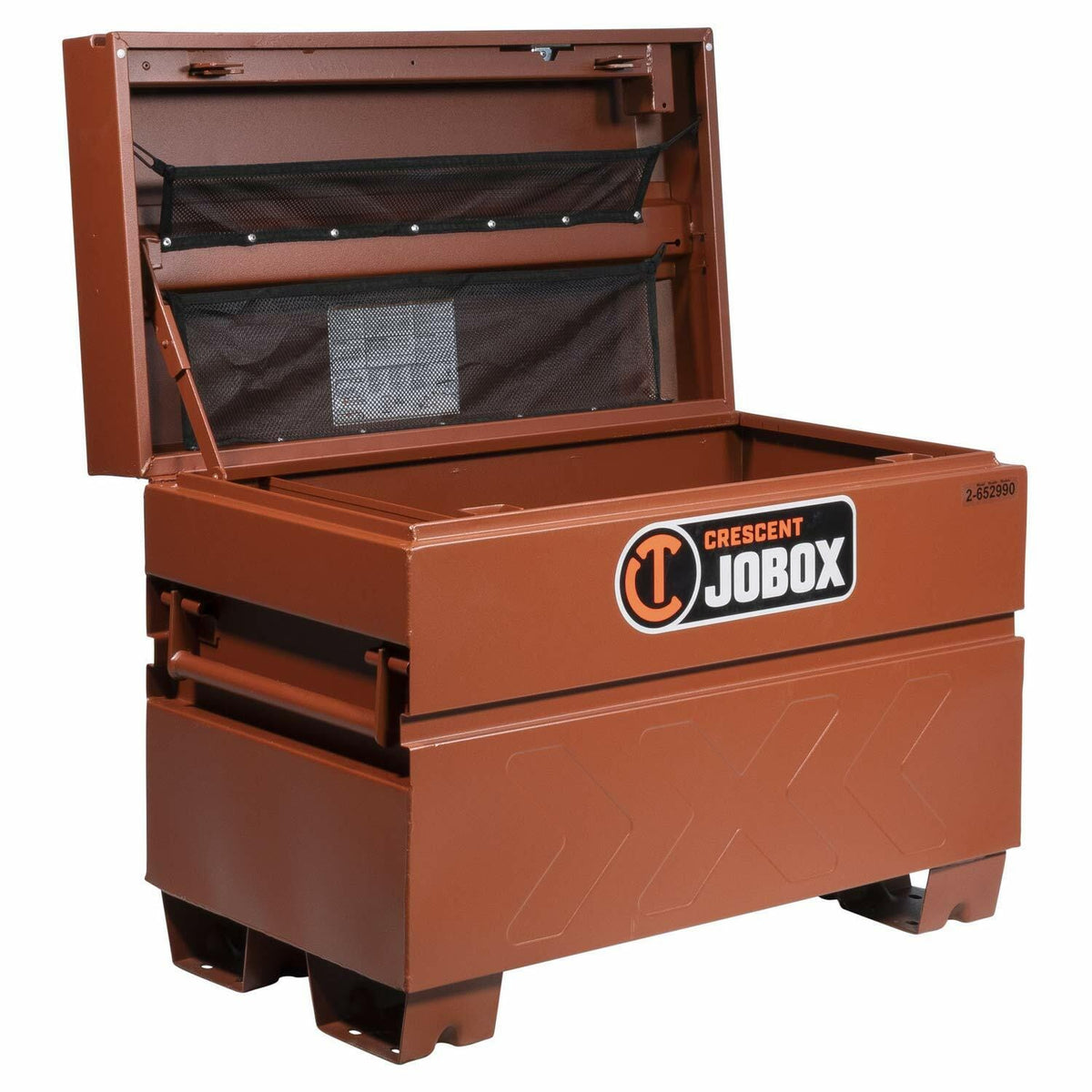 Open Crescent JOBOX steel storage chest with mesh pocket inside the lid and elevated base for forklift access. Brown powder-coated finish and model number '2-652990' visible, designed for secure jobsite tool storage.