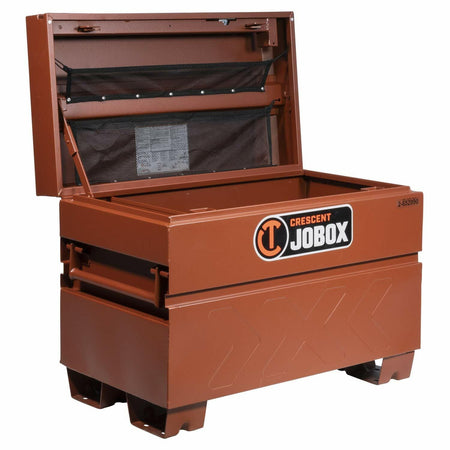 Open Crescent JOBOX steel storage chest with mesh pocket inside the lid and elevated base for forklift access. Brown powder-coated finish and model number '2-652990' visible, designed for secure jobsite tool storage.