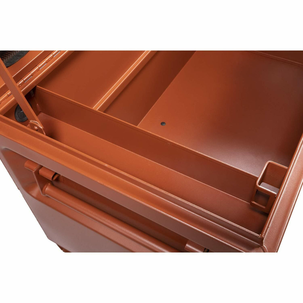Close-up of an open drawer in a reddish-brown Crescent JOBOX chest with metal dividers and a smooth finish. Features a small hole for drainage or mounting, showcasing durable construction and internal organization.