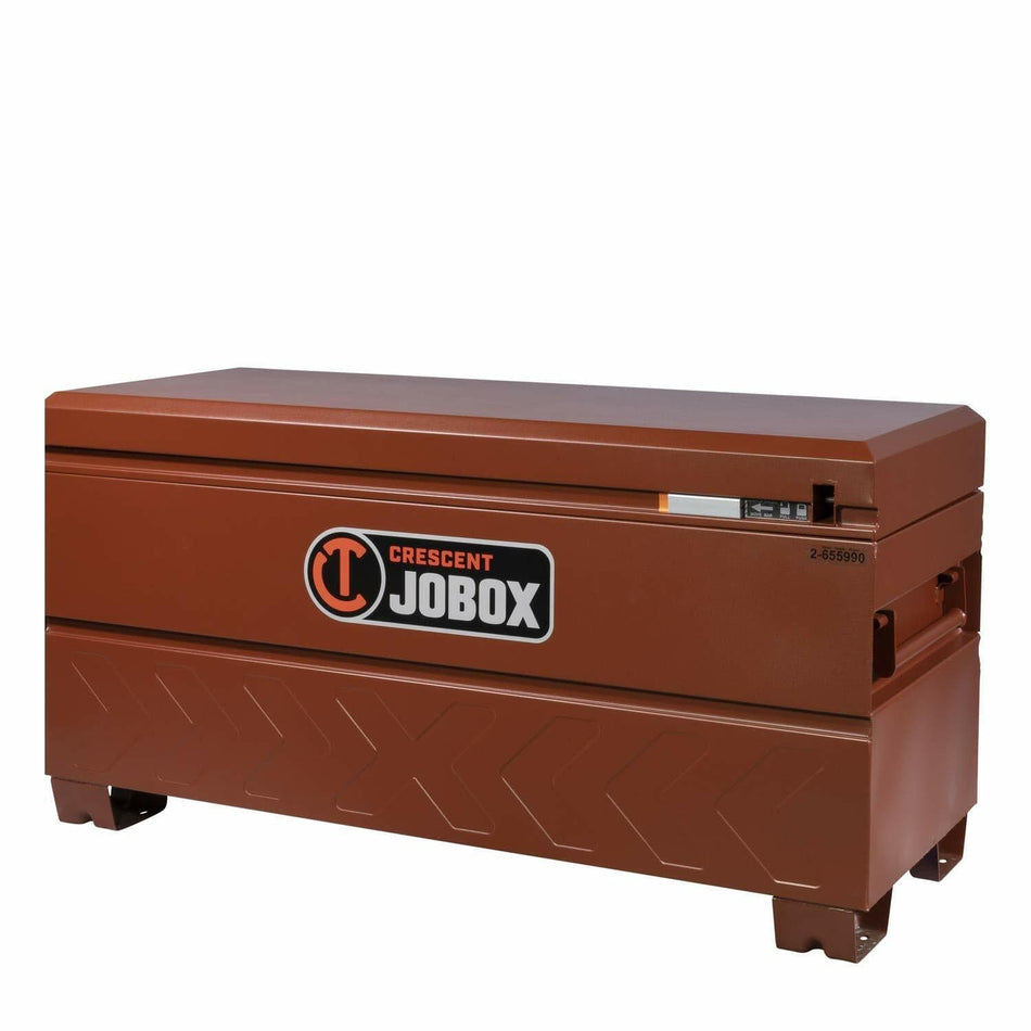 Closed Crescent JOBOX steel storage chest with reddish-brown finish and secure locking lid. Reinforced corners and raised base support forklift access. Model number '2459910' displayed on front panel.