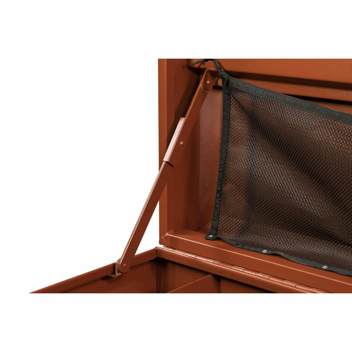 Interior view of Crescent JOBOX chest lid with gas strut mechanism and mesh pocket. Hydraulic arm supports smooth lid operation and mesh netting provides storage for small tools or accessories.