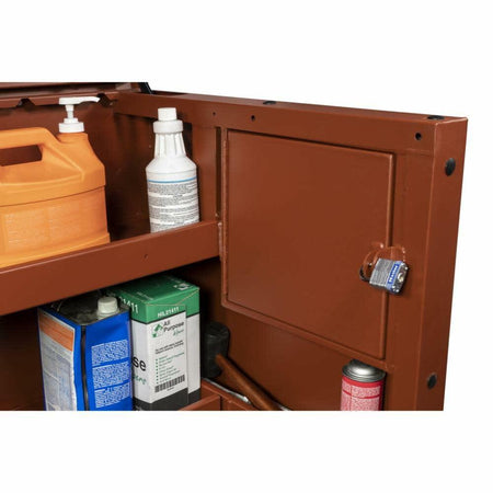 Brown storage cabinet with various items inside on a white background