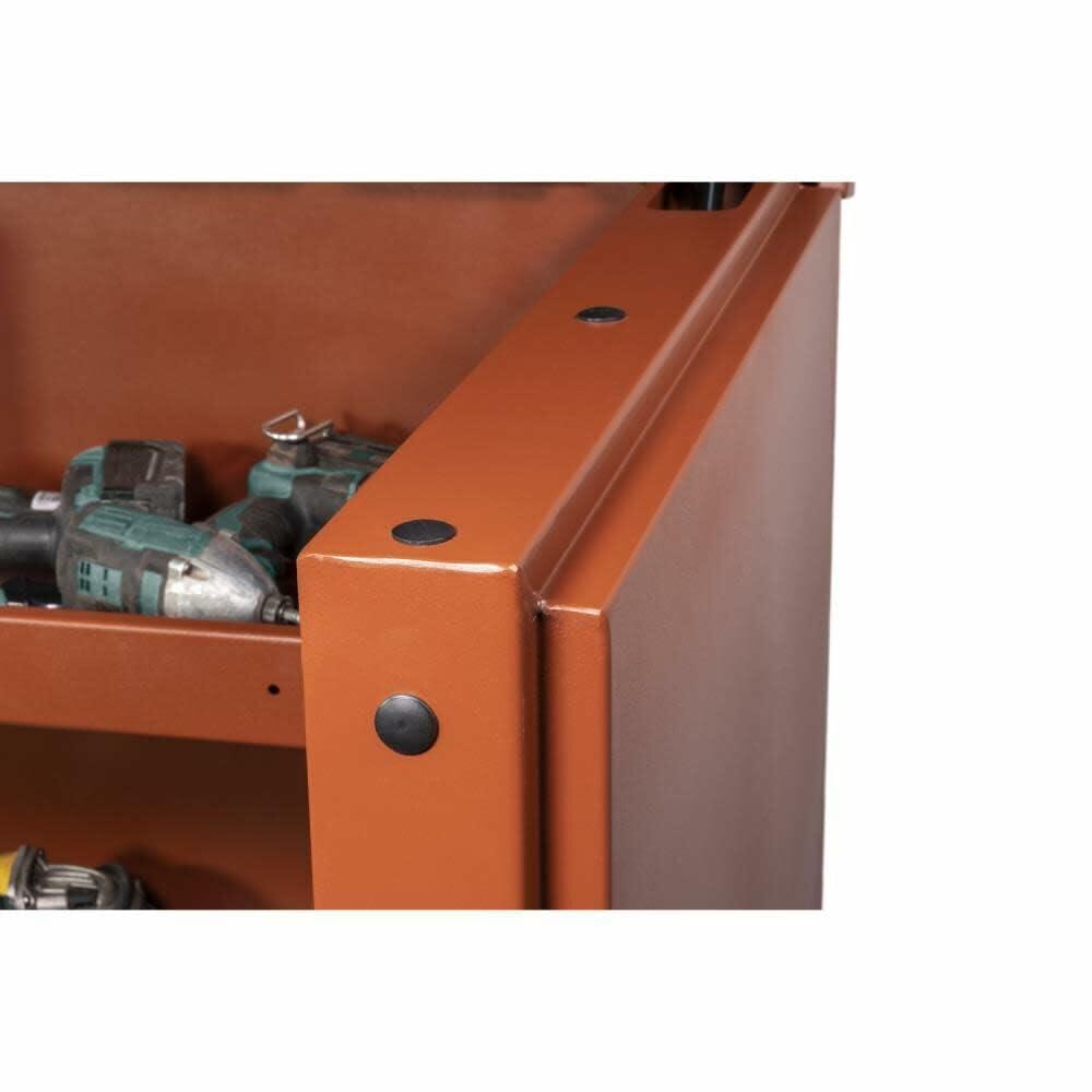 Brown metal cabinet with tools inside on a white background