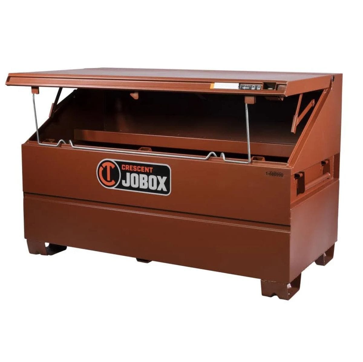 A Crescent JOBOX 60-inch steel slope lid onsite storage chest in industrial brown, shown with the lid partially propped open to reveal the large interior storage capacity and integrated support rods.