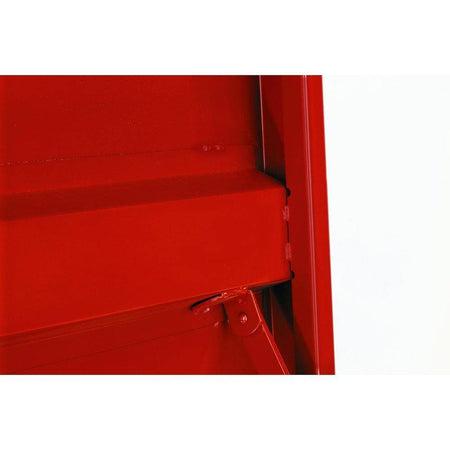 Technical detail of the reinforced internal corner and heavy-duty lid bolster on the Crescent JOBOX 1-680990, demonstrating the superior structural integrity of the A-frame lid support.
