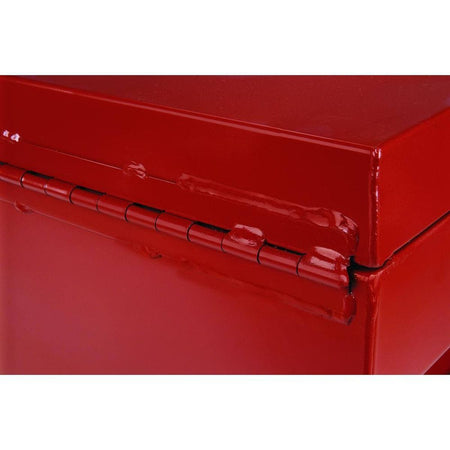 A macro detail of the heavy-duty staked and welded hinge on the Crescent JOBOX storage chest, demonstrating the reinforced steel construction designed to prevent forced entry and ensure long-term lid alignment.