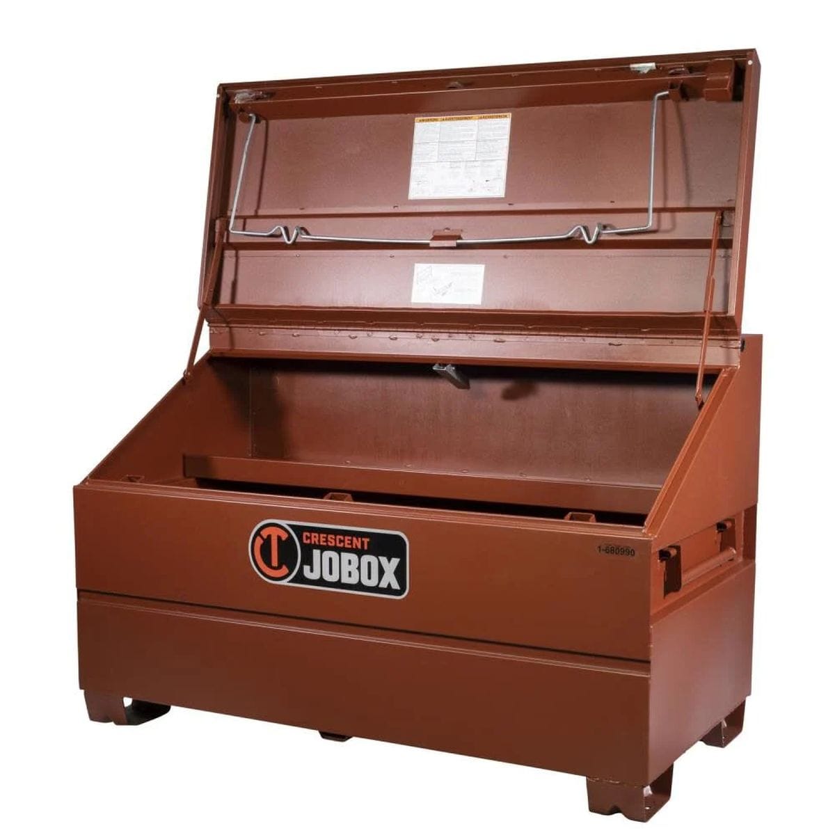 The heavy-duty Crescent JOBOX 1-680990 with the slope lid fully extended, showcasing the Lift-N-Stow hinged shelf and the secure, reinforced steel construction of the interior cabinet.