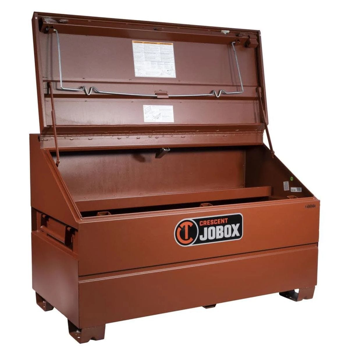 An alternative interior view of the open JOBOX storage chest emphasizing the industrial hinges and the spacious bottom compartment designed for securing bulky power tools and equipment.
