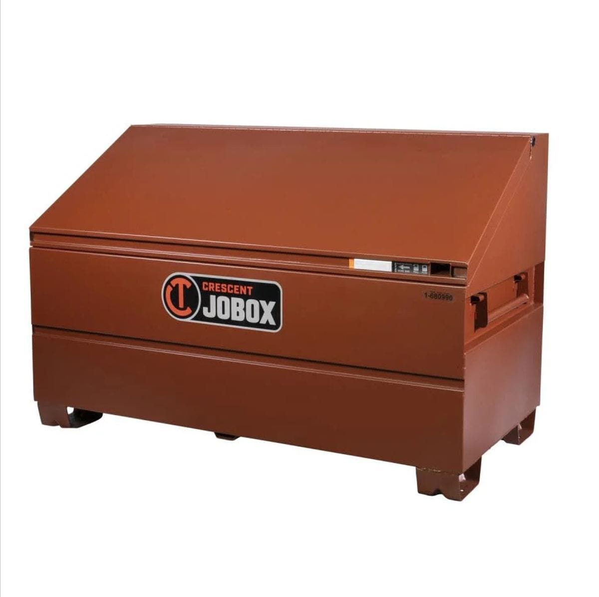 A closed view of the 60-inch Crescent JOBOX slope lid box, highlighting the ergonomic slope design that serves as a mobile desk and the recessed handles for snag-free transport.