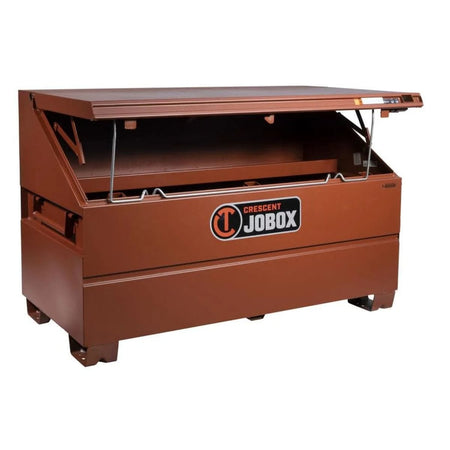 The JOBOX onsite chest with the lid propped at a meeting-ready angle, illustrating how the lid support rods create a stable flat surface for blueprints and laptops.