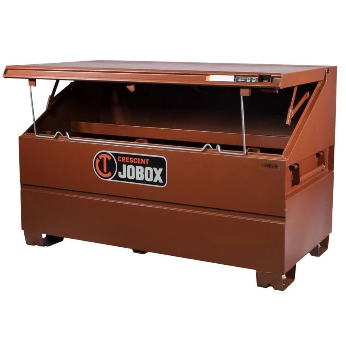 A front-perspective view of the JOBOX storage chest partially open, showcasing the high-visibility Crescent JOBOX logo and the rugged powder-coated steel finish.