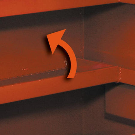 Close-up detail of the Lift-N-Stow™ hinged shelf mechanism inside the JOBOX, with an arrow indicating the smooth upward movement that allows access to the lower storage area.