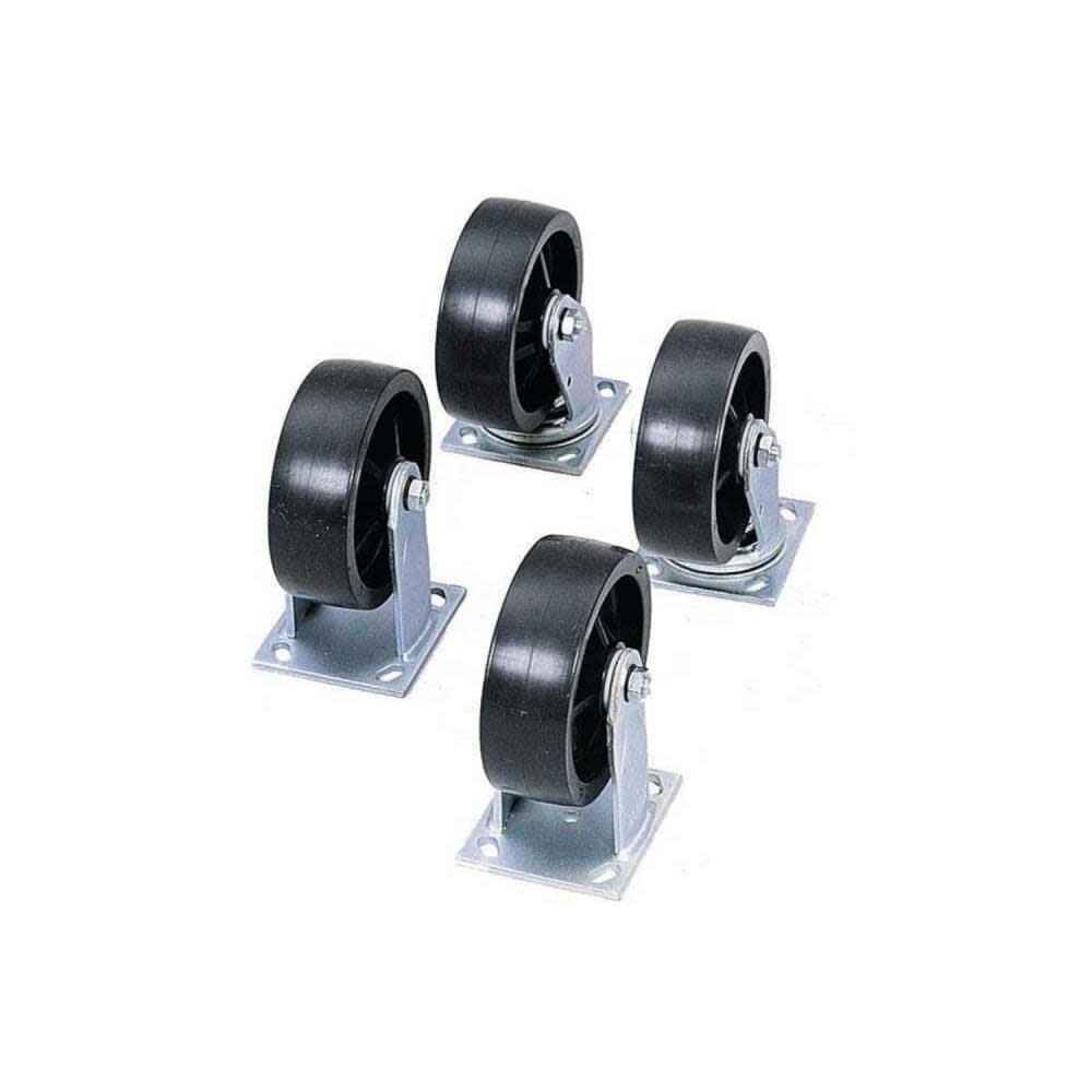 A product set of four Crescent JOBOX 6-inch heavy-duty fixed casters featuring durable black phenolic wheels and galvanized steel frames for industrial jobsite storage box mobility.