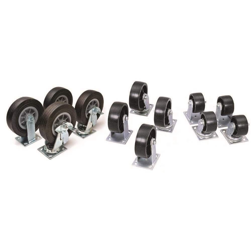 A comparison display of various Crescent JOBOX caster configurations including heavy-duty fixed casters, locking swivel casters with brakes, and all-purpose rubber tread wheels for versatile warehouse and construction site applications.