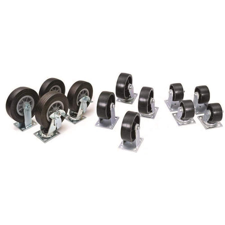A comparison display of various Crescent JOBOX caster configurations including heavy-duty fixed casters, locking swivel casters with brakes, and all-purpose rubber tread wheels for versatile warehouse and construction site applications.
