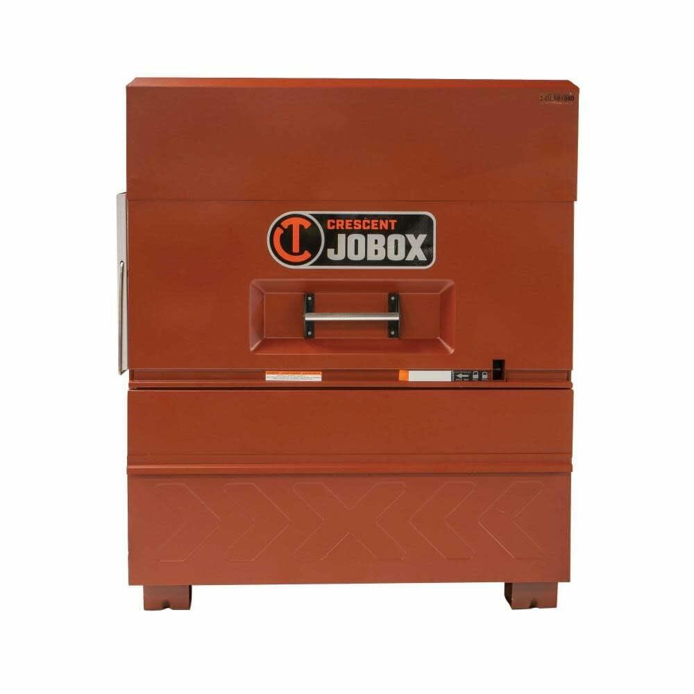 Crescent JOBOX 48-inch Site-Vault heavy-duty piano box jobsite storage cabinet, fully closed and viewed directly from the front.