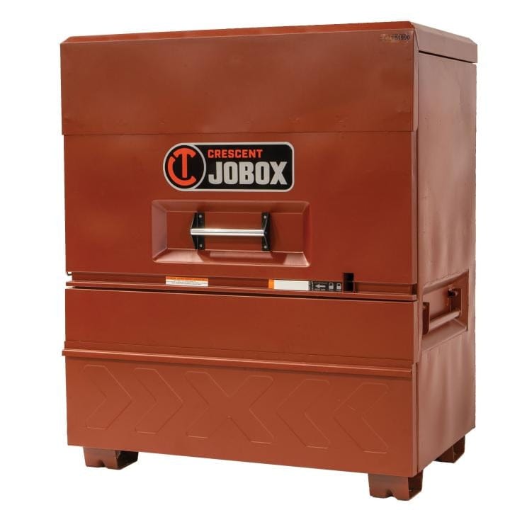 Crescent JOBOX 48-inch Site-Vault heavy-duty piano box jobsite storage cabinet, closed from the front-right angle.