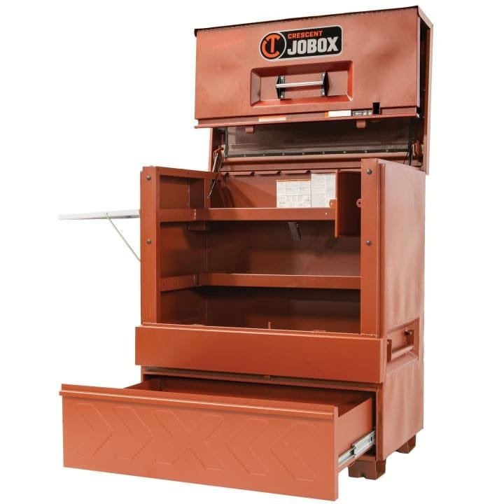 Crescent JOBOX 48-inch Site-Vault heavy-duty piano box jobsite storage cabinet, open and empty, showcasing the interior shelves and an extended bottom drawer.