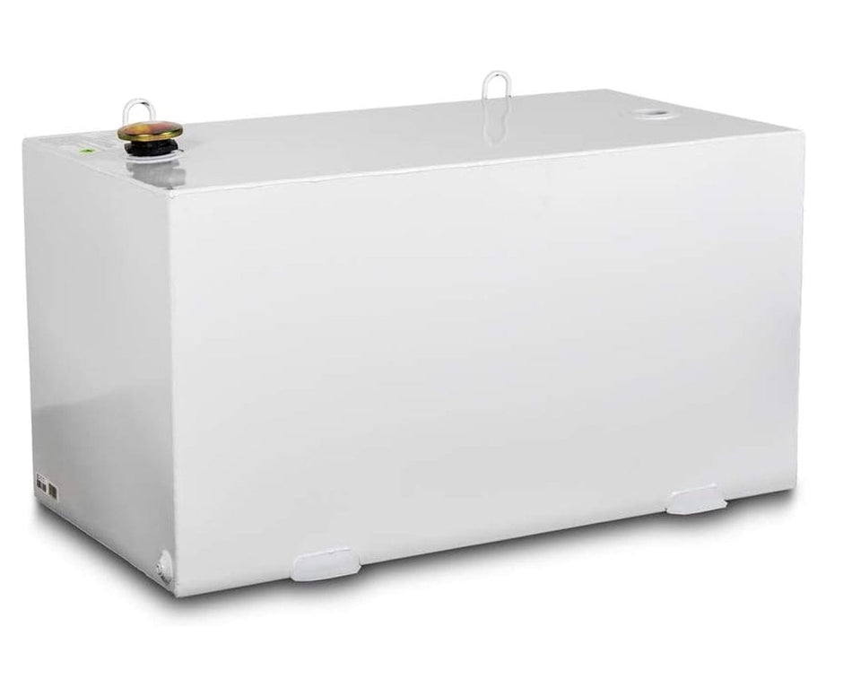 Studio view of the white rectangular steel transfer tank showing the fill cap and lifting rings.