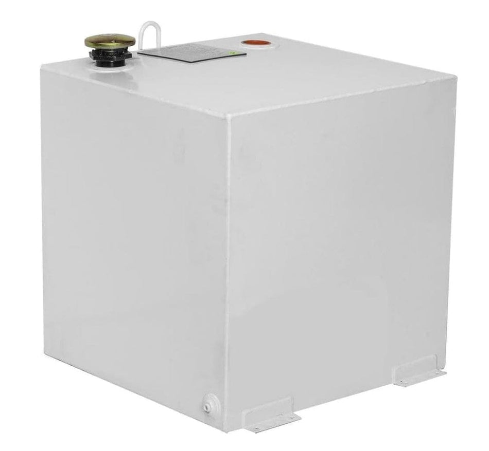 Studio view of the 50 gallon white square steel liquid transfer tank showing the fill cap and reinforced bungs.