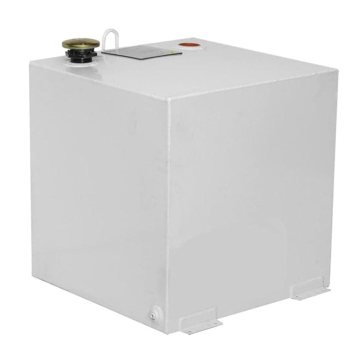 Studio view of the 50 gallon white square steel liquid transfer tank showing the fill cap and reinforced bungs.