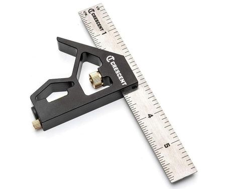Angled studio view of the 6-inch combination square, showing the black extruded aluminum head with a brass adjustment knob and built-in spirit level sliding on a stainless steel ruler.