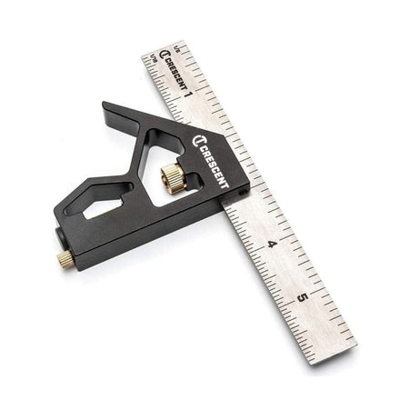 Angled studio view of the 6-inch combination square, showing the black extruded aluminum head with a brass adjustment knob and built-in spirit level sliding on a stainless steel ruler.