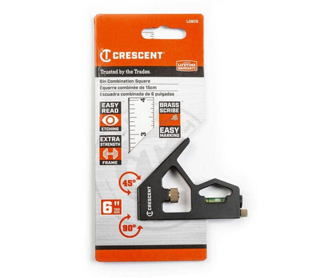 Retail packaging view showing the tool on a hang card that features icons for "Easy Read Etching," "Brass Scribe," "Extra Strength Frame," and 45/90 degree capabilities.