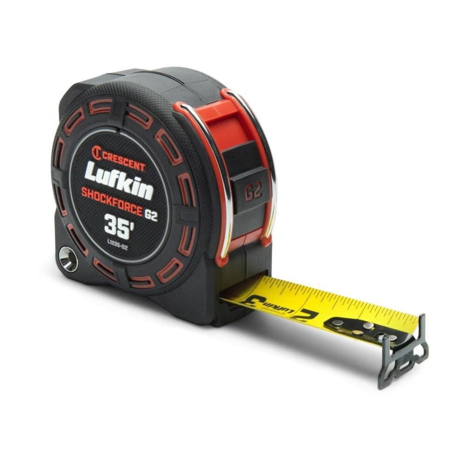 Crescent L1235CME-02 Lufkin Shockforce G2 33-Foot Tape Measure 1-1/4" Wide Blade Diamond-Coated Hook SAE/Metric Dual-Sided Tether-Ready Heavy-Duty