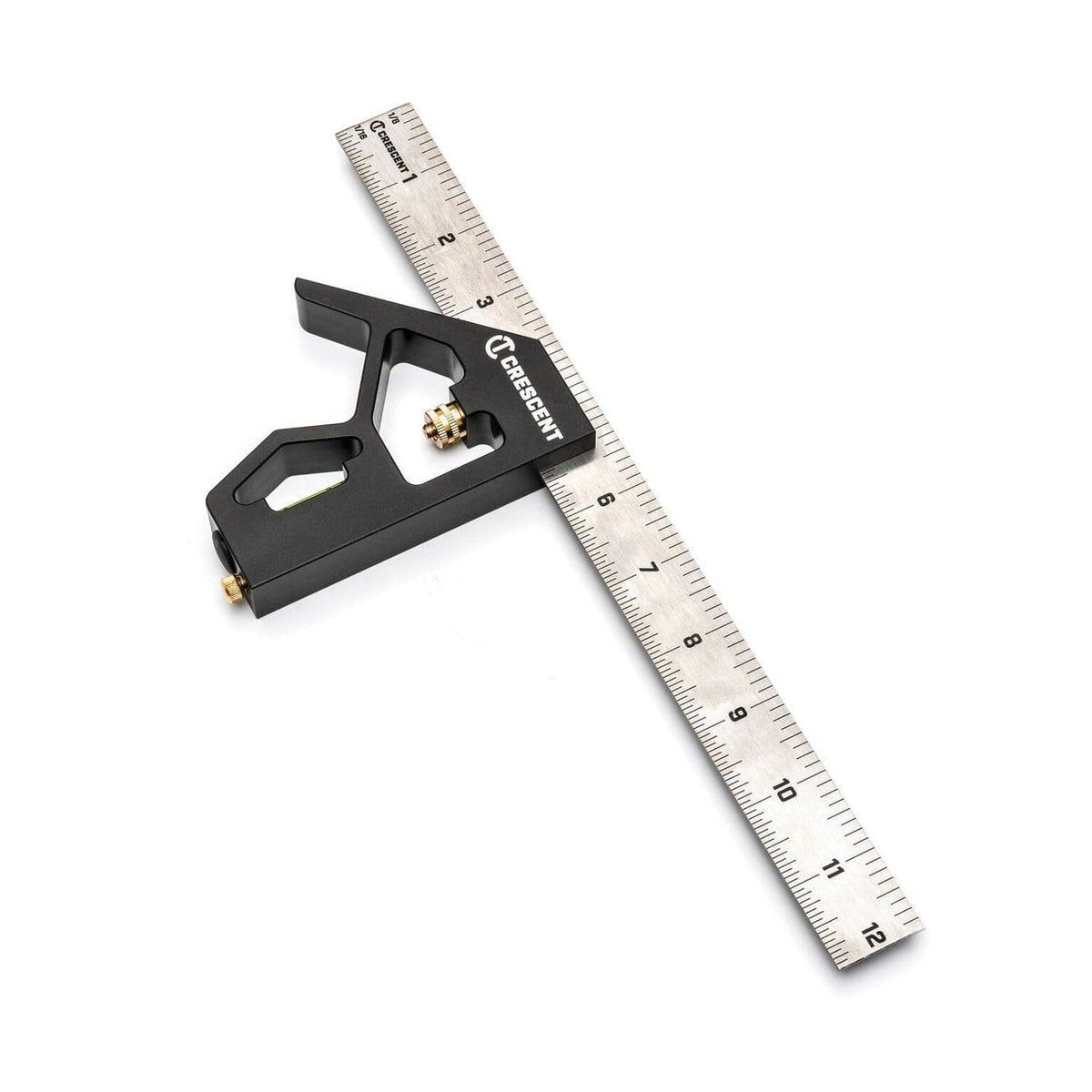 A perspective view of the Crescent L12CS 12-inch combination square featuring a black heavy-duty aluminum head and a laser-etched stainless steel SAE and metric ruler.