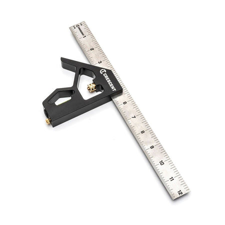 A perspective view of the Crescent L12CS 12-inch combination square featuring a black heavy-duty aluminum head and a laser-etched stainless steel SAE and metric ruler.