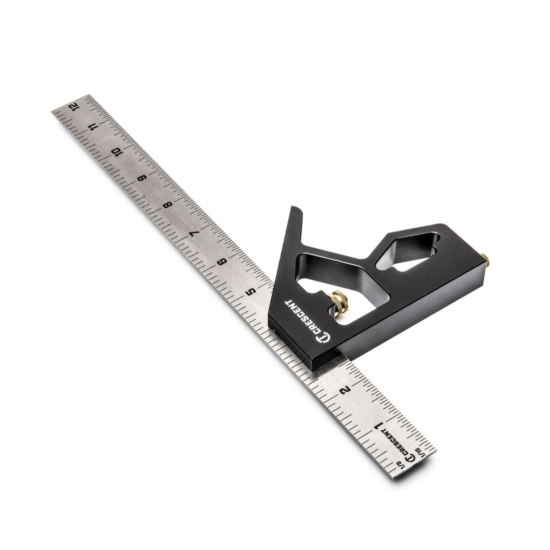 An angled view of the Crescent 12-inch combination square illustrating the high-contrast laser-etched markings on the ruler for maximum legibility on the jobsite.
