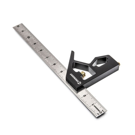 An angled view of the Crescent 12-inch combination square illustrating the high-contrast laser-etched markings on the ruler for maximum legibility on the jobsite.