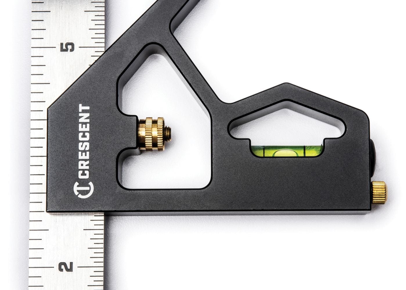 A top-down detailed shot of the Crescent L12CS combination square head emphasizing the integrated leveling vial and the durable extruded aluminum construction.