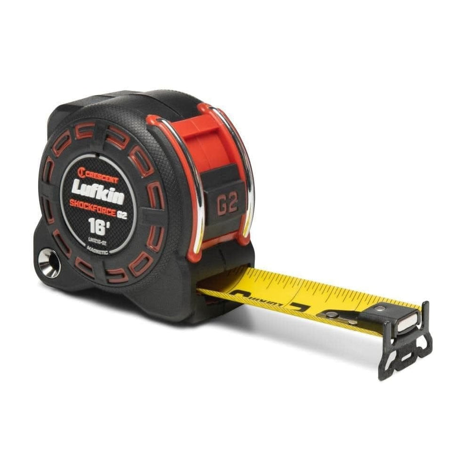 A Crescent LM1216-02 Shockforce G2 16-foot magnetic tape measure featuring a rugged matte black housing with orange accents and a high-visibility yellow blade partially extended.
