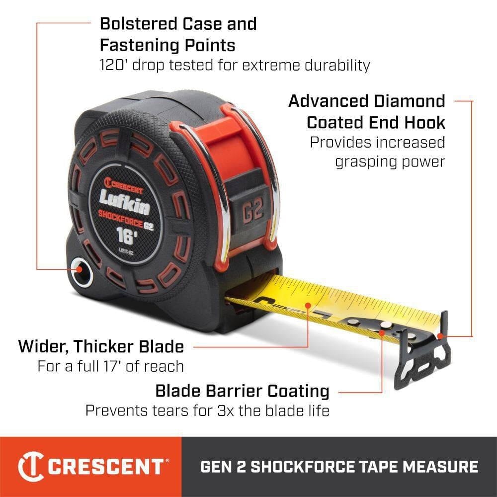 Infographic of the Crescent Shockforce G2 tape measure highlighting the bolstered case with 120-foot drop protection, a magnetic diamond-coated end hook for increased grasping power, and 17 feet of reach.