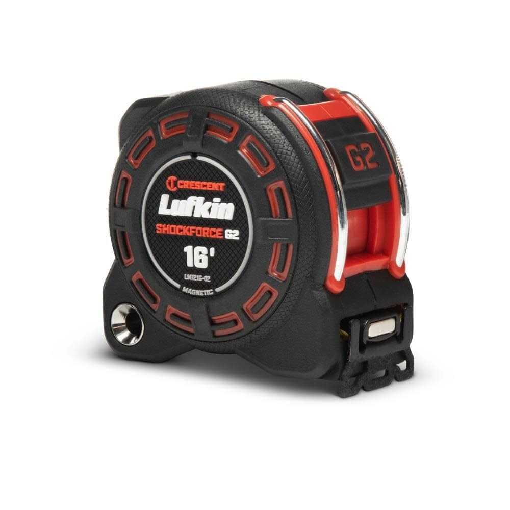 Angled view of the Crescent LM1216-02 Shockforce G2 magnetic tape measure with the blade extended, showcasing the wide yellow steel blade and high-contrast dual-sided graphics.