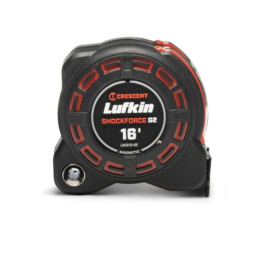 Front-facing view of the Crescent Shockforce G2 16-foot magnetic tape measure illustrating the compact, impact-resistant composite case and the positive blade lock mechanism.