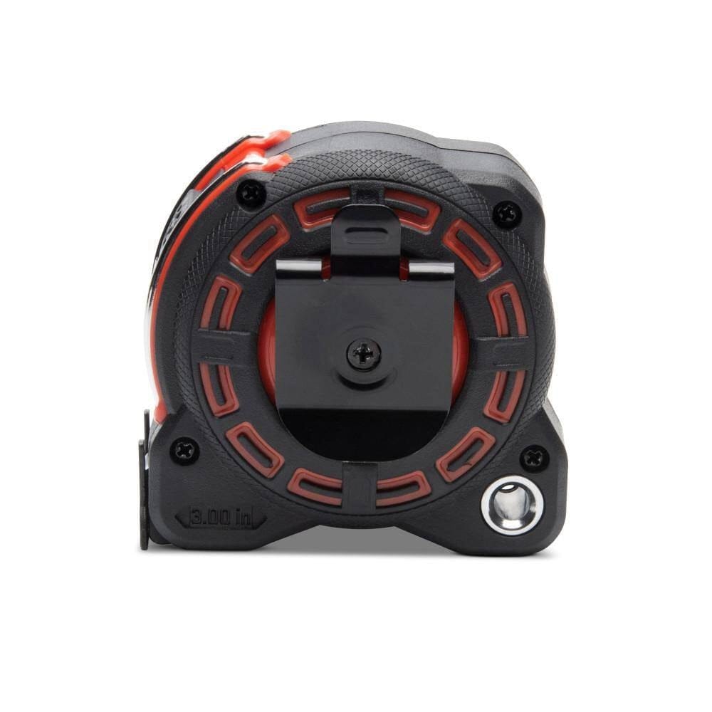 Rear view of the Crescent LM1216-02 tape measure highlighting the heavy-duty black steel belt clip and the integrated steel tether point for working safely at heights.