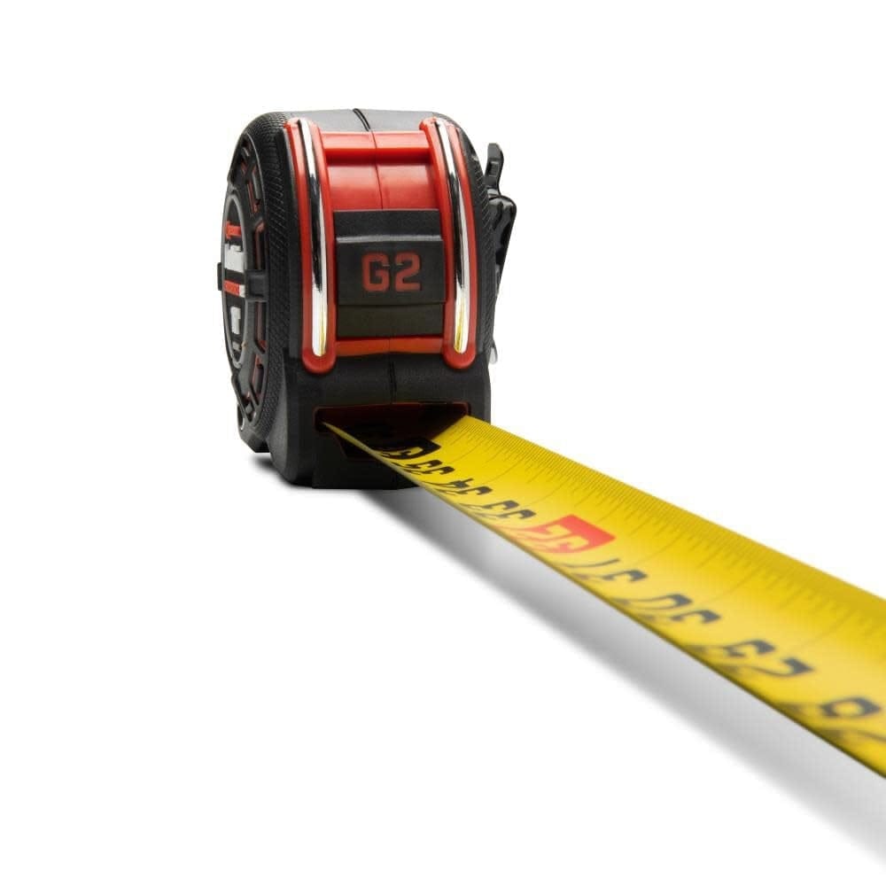 Side profile of the Crescent LM1216-02 Shockforce G2 magnetic tape measure with the blade deployed, showing the high-contrast numbers and 1/8-inch increments for fast reading.