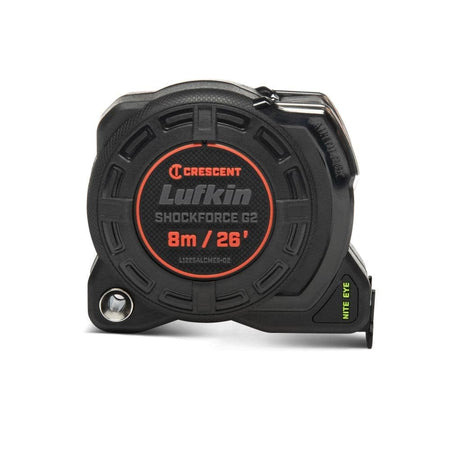 Direct side profile of the Crescent Lufkin Shockforce G2 Nite Eye auto-lock tape measure highlighting the rugged black composite case with a high-visibility 8m / 26' center label and professional branding.