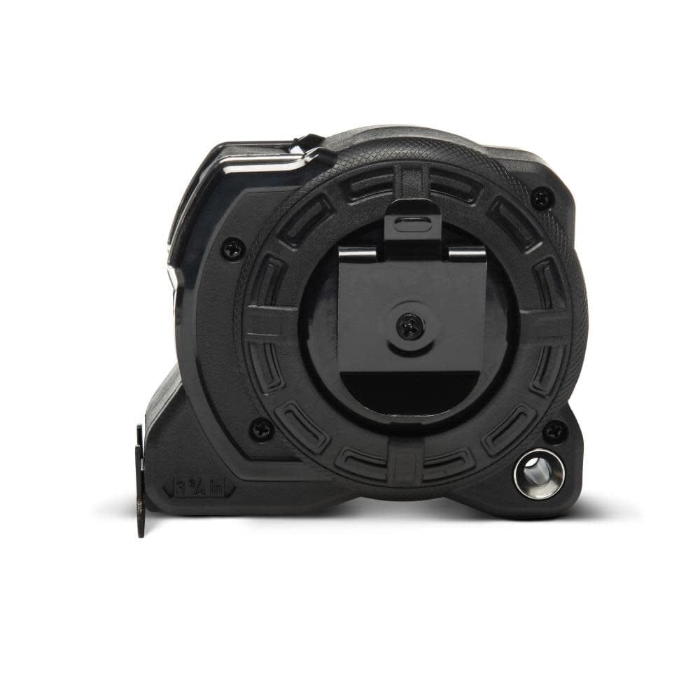 Rear view of the Shockforce G2 Nite Eye tape measure showcasing the heavy-duty black steel belt clip and reinforced case screws designed for maximum jobsite durability and easy access.