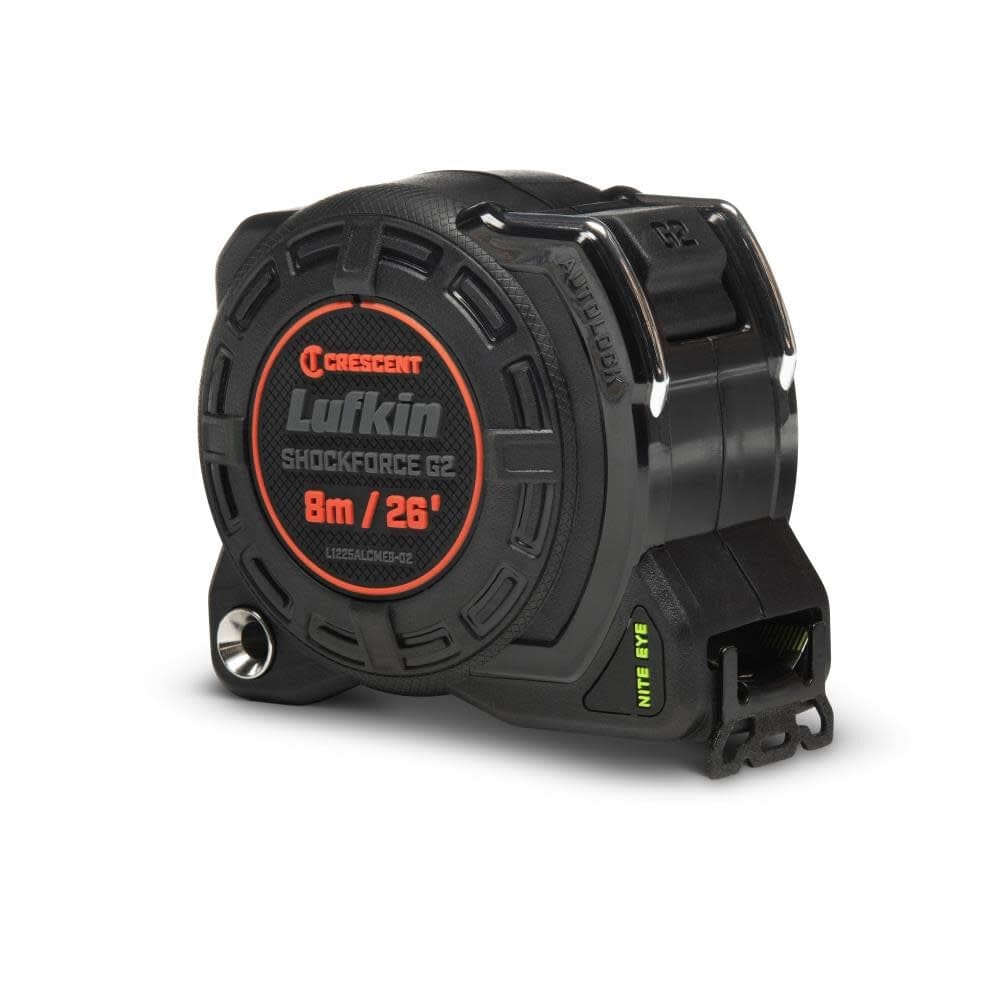 Front perspective of the Crescent Lufkin 8m/26' auto-lock tape measure highlighting the compact ergonomics, bolstered case design, and the specialized Nite Eye high-visibility blade entry point.