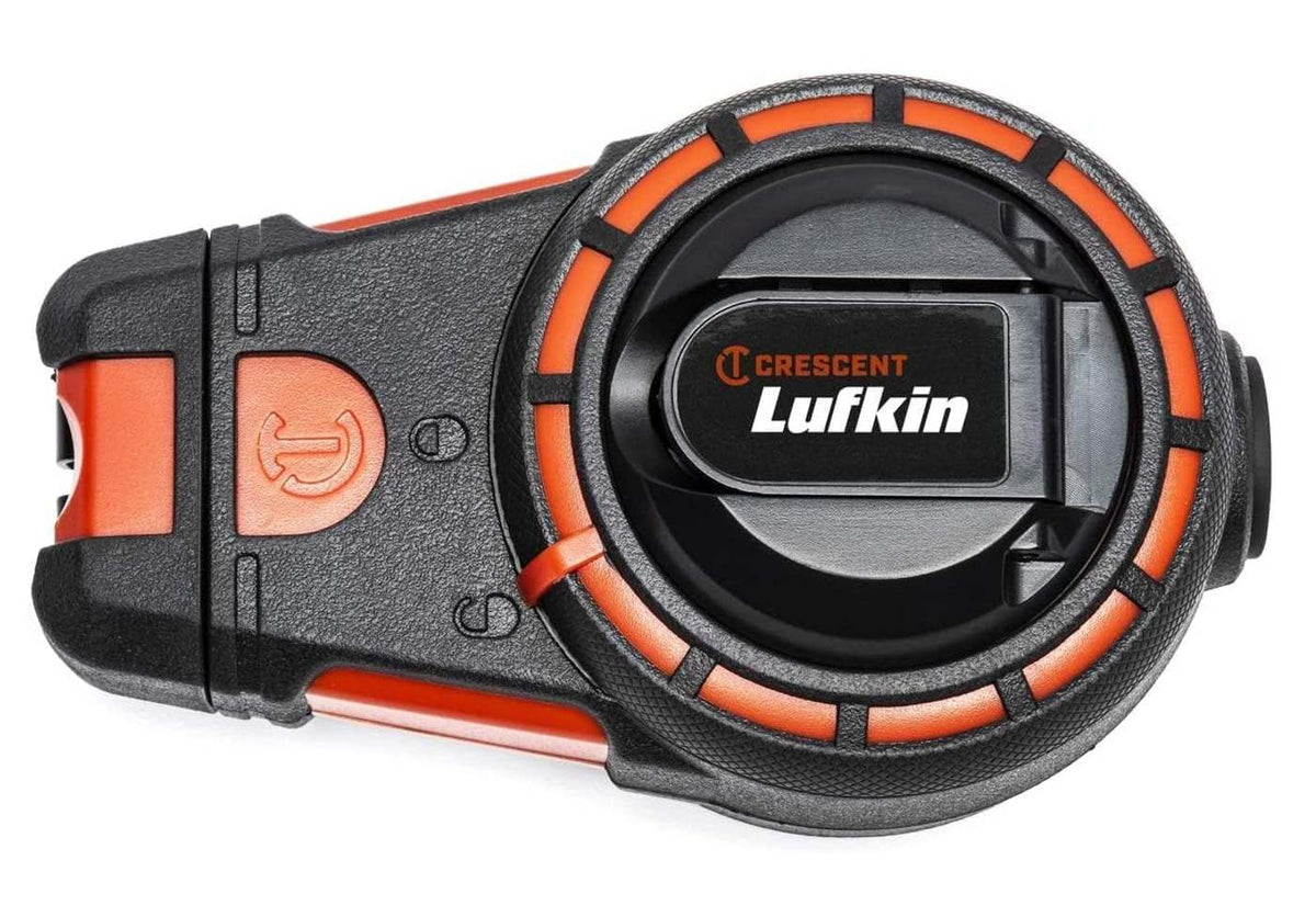 Top-down view of the Crescent Lufkin 100-foot contractor chalk reel featuring a durable black and orange housing with a professional 6:1 gear ratio.