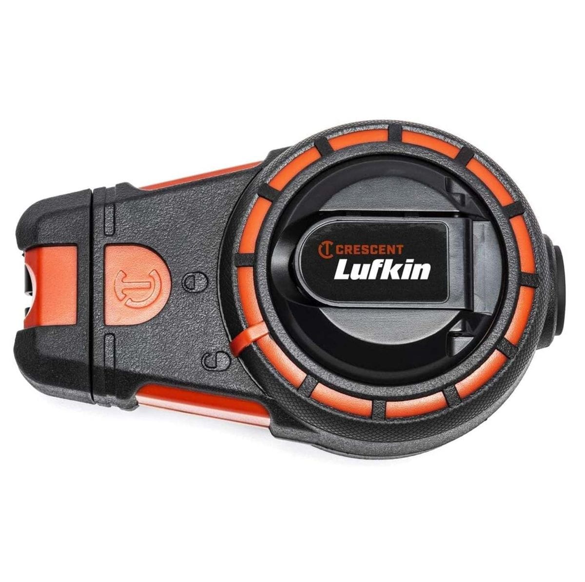 Top-down view of the Crescent Lufkin 100-foot contractor chalk reel featuring a durable black and orange housing with a professional 6:1 gear ratio.