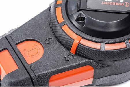 Close-up detail of the Crescent Lufkin chalk reel locking mechanism and rotating hub, emphasizing the professional build quality for precise layout marking.