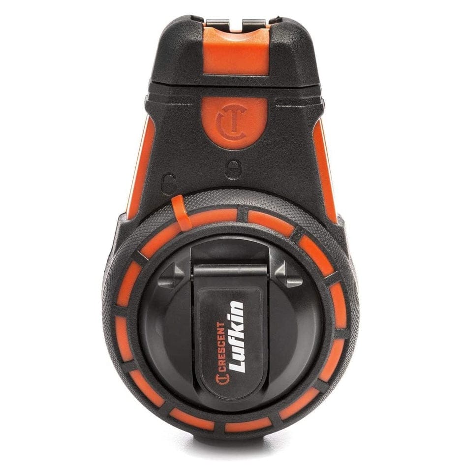 Front-facing view of the Crescent Lufkin 100-foot contractor chalk reel highlighting the compact design and high-visibility orange and black housing.