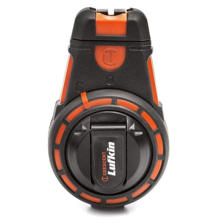 Front-facing view of the Crescent Lufkin 100-foot contractor chalk reel highlighting the compact design and high-visibility orange and black housing.