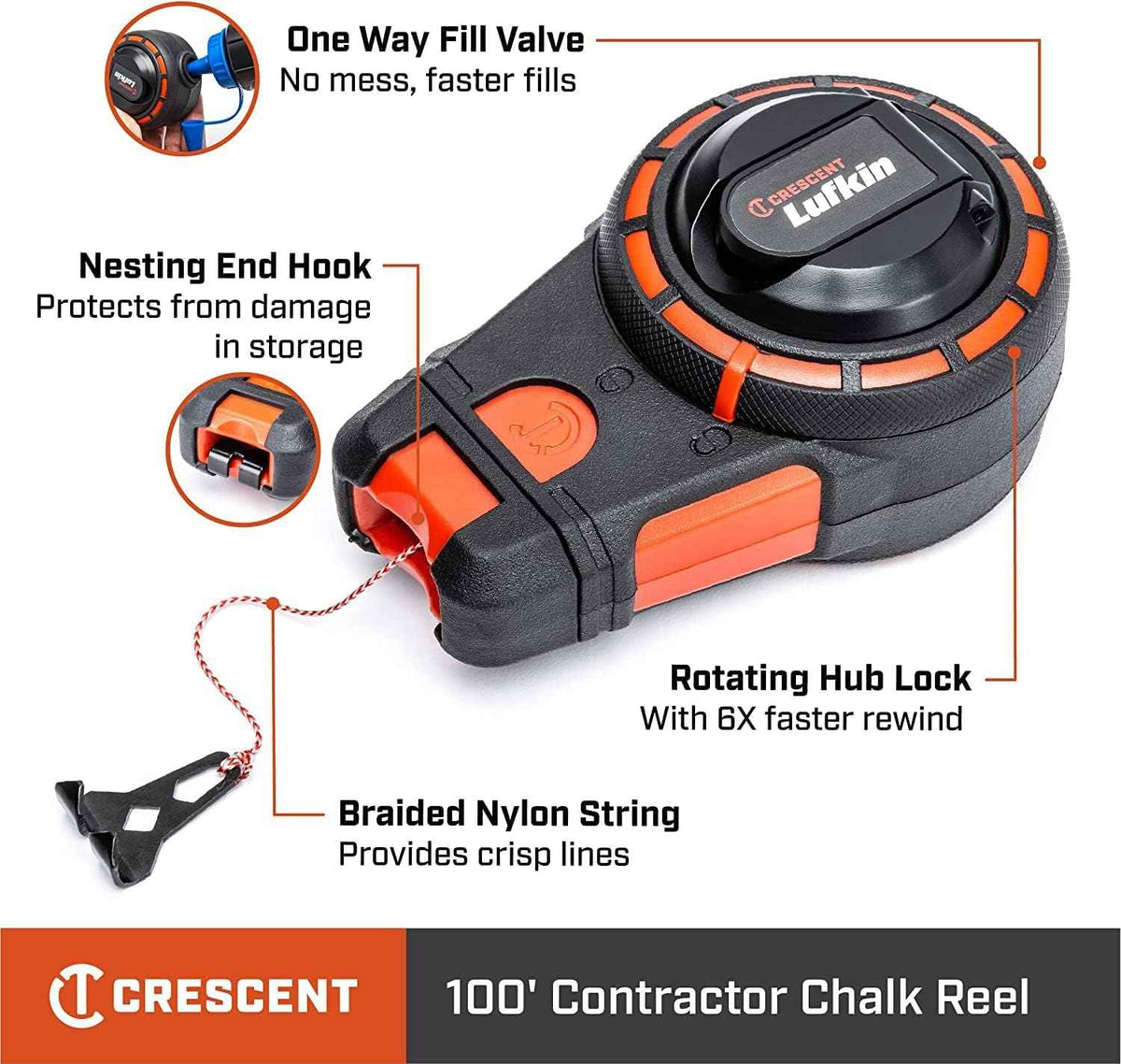 Infographic of the Crescent Lufkin CL100B chalk reel highlighting the one-way fill valve, nesting end hook, 6X faster rewind hub lock, and braided nylon string.